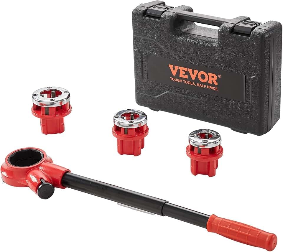 VEVOR Ratschen-Rohreinfädler-Set, 1,27 cm NPT, 1,9 cm NPT, 2,5 cm NPT Manueller Ratschenrohreinfädler, tragbares Rohrgewindewerkzeug-Set mit 3 NPT-Schneideisen, Aufbewahrungskoffer für verzinkte