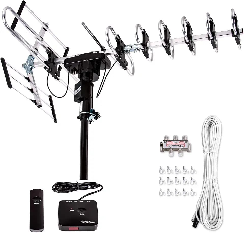 Five Star Outdoor Digital Amplified HDTV Antenna - up to 200 Mile Long Range, Directional 360 Degree Rotation by Remote Control, HD 4K 1080P FM,Support 5 TVs Plus Installation Kit