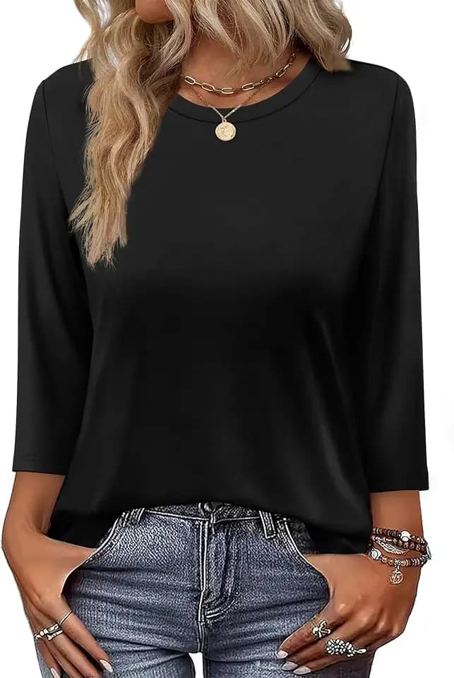 OFEEFAN 3/4 Length Sleeve Womens Tops Dressy Casual Blouses Crew Neck T Shirt Fashion Clothing Loose Fit