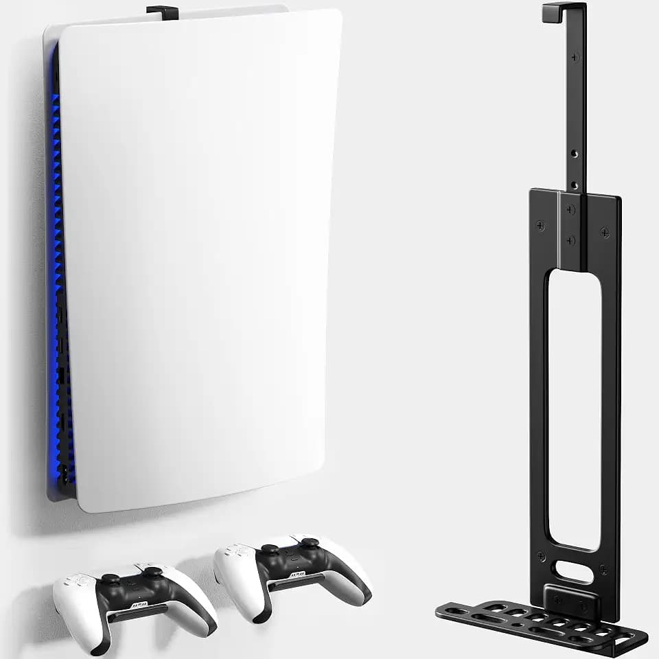 Wall Mount for PS5 with 2 Controller Holders, Sturdy Metal Console Holder Compatible with PlayStation 5, PS5 Slim, PS5 Pro Disc & Digital Editions, Black
