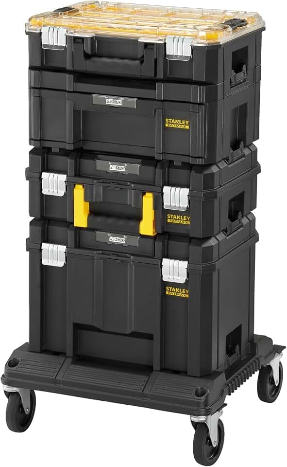 Stanley FatMax TSTAK Aktions-Tower, Bestehend aus Boxen V, III, II, VI und Rollenwagen, robust, Staplerbar, FMST1-80107
