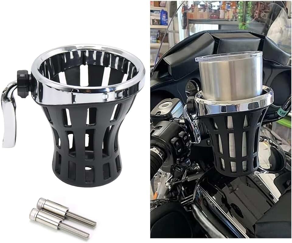 Motorcycle Handlebar Drink Cup Holder Plated and Rubber Chrome/Black Mount for Harley Davidson Passenger Water Bottle Holder with Mesh Basket for Honda Goldwing GL 1800 (102/142 MM)