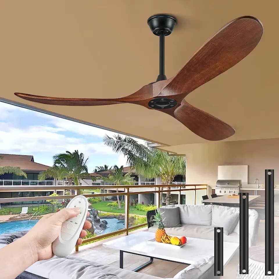 52" Ceiling Fans Without Lights, Solid Wood Ceiling Fan with Remote Control and DC Motor, Ceiling Fan no Light with 3 Blades, Indoor Outdoor Ceiling Fans for Patios, Bedroom- Dark Walnut