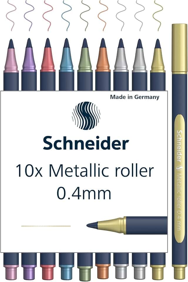 Schneider Paint-It Metallic Rollerball 050 (Strichstärke 0,4 mm, hochmetallische Tinte, schnelltrocknend, Gehäuse aus 88% biobasiertem Kunststoff) 10 Stück sortiert