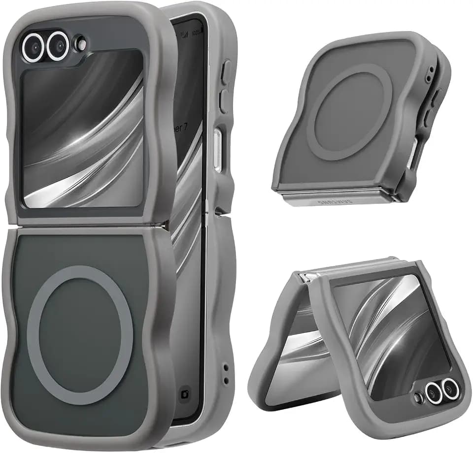 UEEBAI Magnetic for Samsung Galaxy Z Flip 5/Z Flip 6/7 FE Case, Compatible with MagSafe, Transparent Clear Wave Frame Design Soft Edge Cover Matte Shockproof Phone Case- Grey