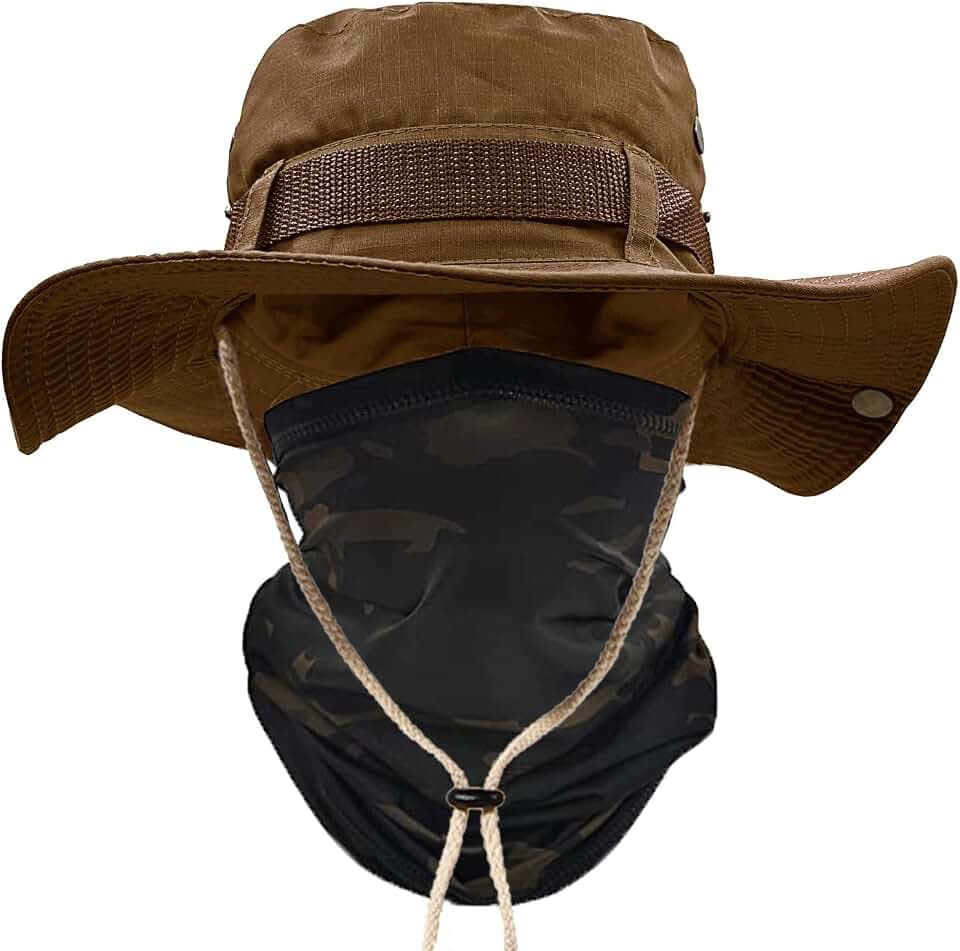 ehsbuy Sonnenhut Herren UPF 50+ Safari Hut Sommerhut Breiter Krempe Camo Wanderhut Armee Boonie Hut mit Kühlender Multifunktionstuch Schlauchschal Outdoor Fischerhut