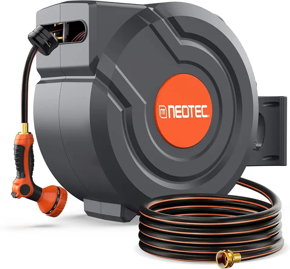 130 ft x 1/2 inch Retractable Garden Hose Reel PRO Metal Bracket Any Length Lock 9 Pattern Nozzle Wall-Mounted Automatic Slow Return 180° Swivel UV Resistant Heavy Duty Hose Reels for Outside