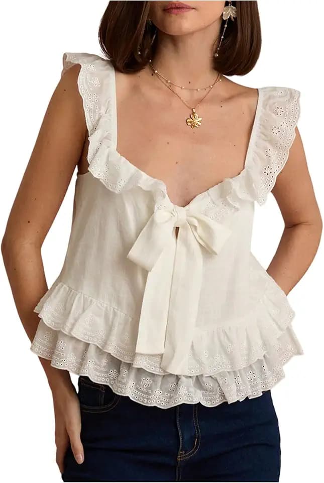 SHENHE Women's Eyelet Ruffle Tie Bow Sleeveless Line Tank Top