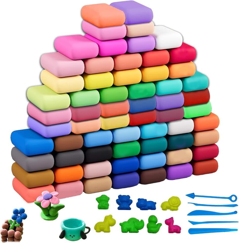 Modelliermasse Lufttrocknend Ton – Air Dry Clay Set, 64 Farben – Bastelton Weich, Formbar, Lufttrocknend – DIY Knetmasse für Erwachsene und Kunstprojekte