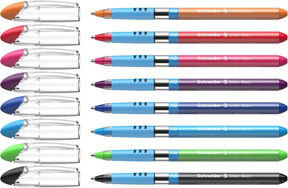 Schneider Slider Basic XB (Extra Broad) Ballpoint Pen, 1.4 mm, Transparent Barrel, Assorted Ink Colors, Pack of 8 Pens (151298)