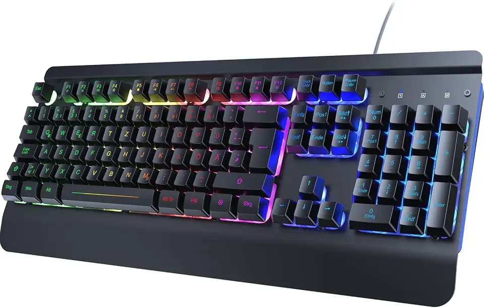 Gaming Tastatur QWERTZ, Handballenauflage Beleuchtet Tastatur mit Kabel USB