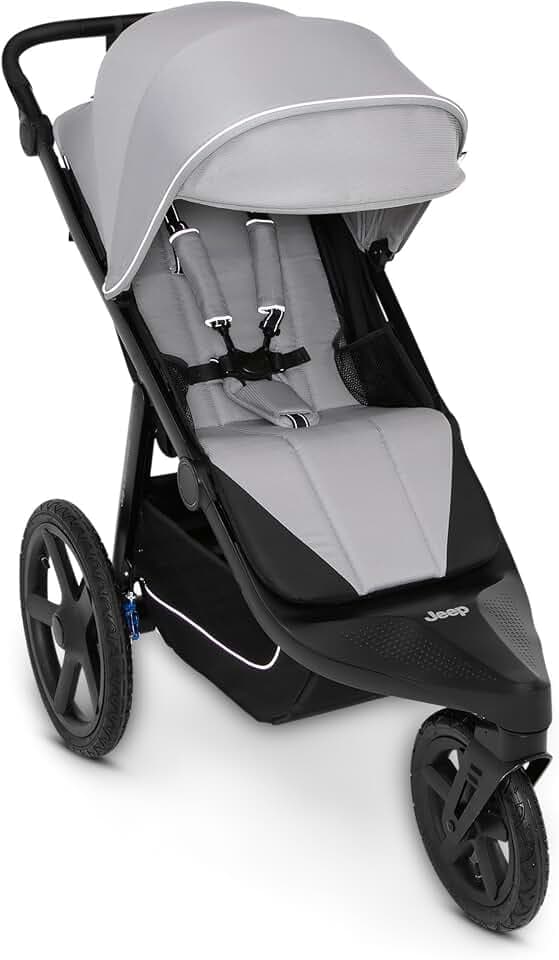 Delta Children - Jeep PowerGlyde Pro Jogging Stroller - 1-Step Back Brake & Hand Deceleration Disc Brakes for Speed Control - 1 Hand Fold, Soft Gray