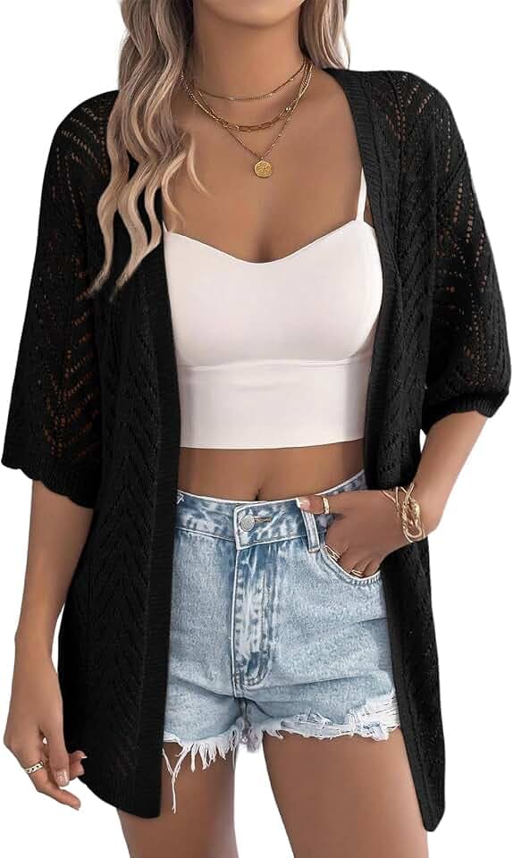 EVALESS Women's Short Sleeve Cardigan Sweaters Crochet Knit Tops