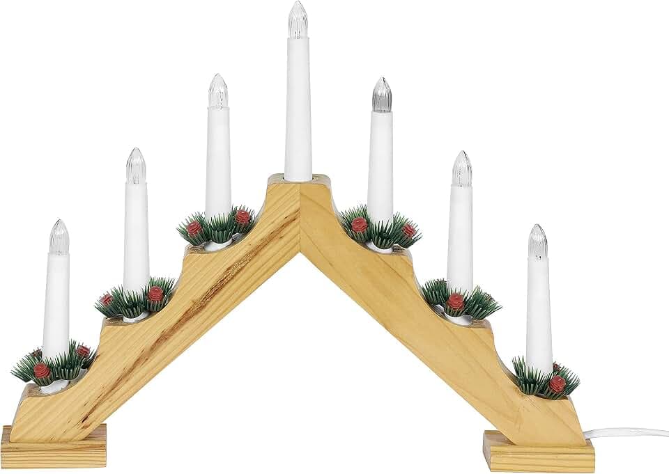 hellum Schwibbogen Weihnachten, 39,5x30cm, Lichterbogen Weihnachten mit Strom und Schalter, Schwibbogen mit 7 Filament Kerzen (+2 Ersatz), Fensterbeleuchtung für Innen, 660586