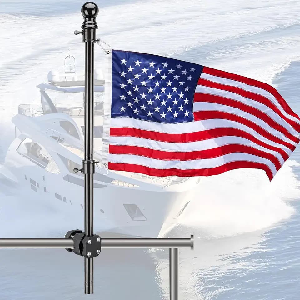 Boat Flag Pole, Pontoon Boat Accessories Flag Pole Kit, 60 in Flag Pole with 12”x18” American Flag, Adjustable Holder Mount, Tangle Free Rings, Metal Black Marine Flags Pole Fit 0.5”-1.1” Yacht Rails