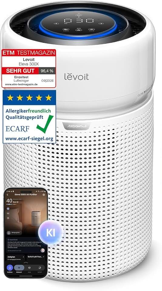 Levoit Eleva 300X Luftreiniger, PM1 / 2,5/10, AQI Anzeige, bis zu 56 m²