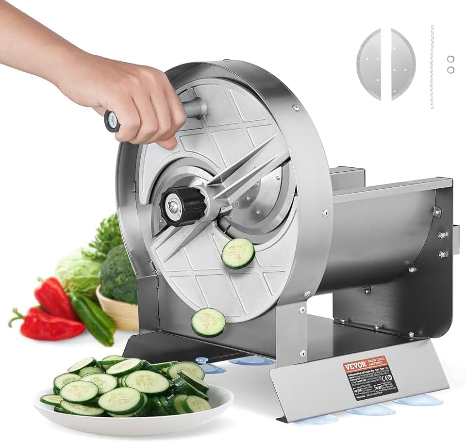 VEVOR Manueller Gemüse- und Obstschneider, 0–12 mm Dicke, Einstellbare Schneidemaschine, Lebensmittelschneider aus Edelstahl mit 2 Ersatzklingen, für Kartoffeln, Gurken, Zitronen, Tomaten