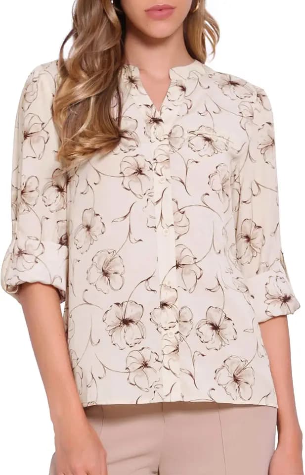 Allegra K Chiffon Blouses for Women Floral Printed V Neck 3/4 Roll Sleeve Button Down Dressy Tops Shirts
