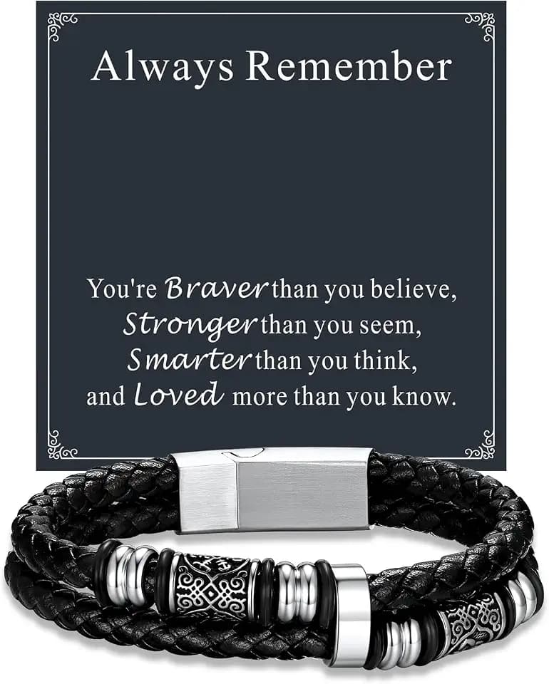 U7 Black Braided Leather Bracelets Gift for Men Leather Link Stainless Steel Celtic Knot Beads Cuff Bracelet with Love Card Birthday Christmas Gift for Dad Husband