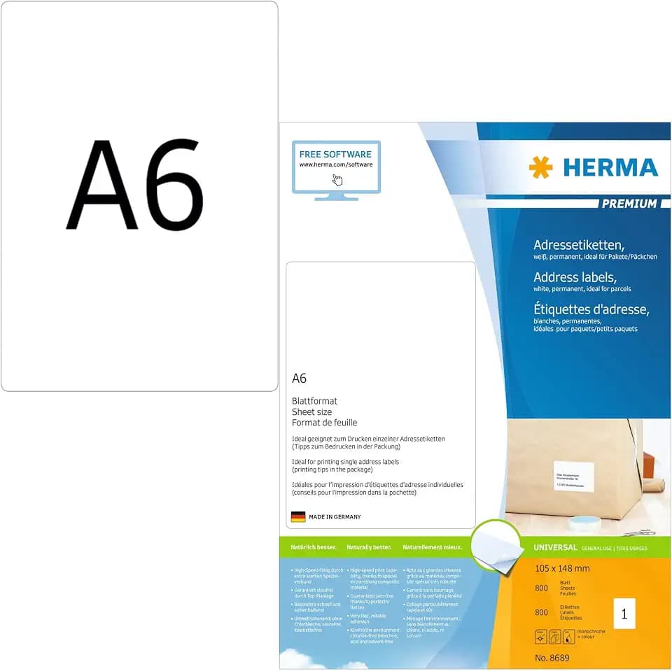 HERMA 8689 Universal Etiketten, 800 Blatt, 105 x 148 mm, 1 pro A6 Bogen, 800 Stück, selbstklebend, bedruckbar, matt, blanko Papier Klebeetiketten Aufkleber, weiß