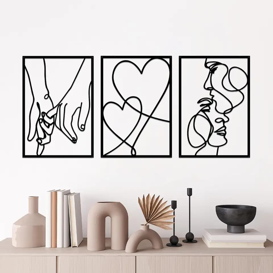 3 Pcs Metal Minimalist Line Wall Art, Love Heart Metal Wall Decor