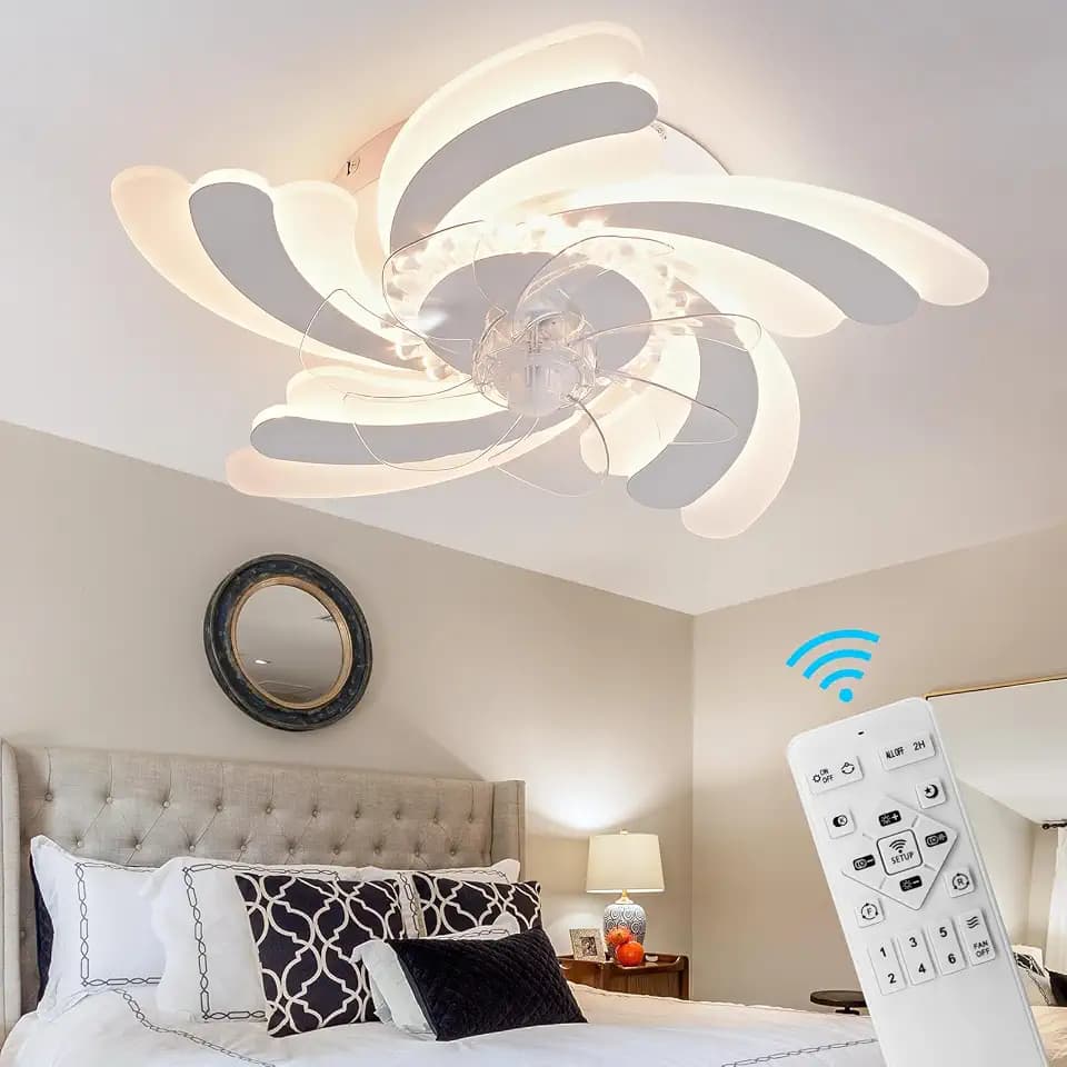 Shiny-sweet 32" Flush Mount Ceiling Fan with Lights,Ceiling Fan with Remote Control,6 Speeds 3 Light Color Low Profile Ceiling Fan Flower Shade Ceiling Lamp