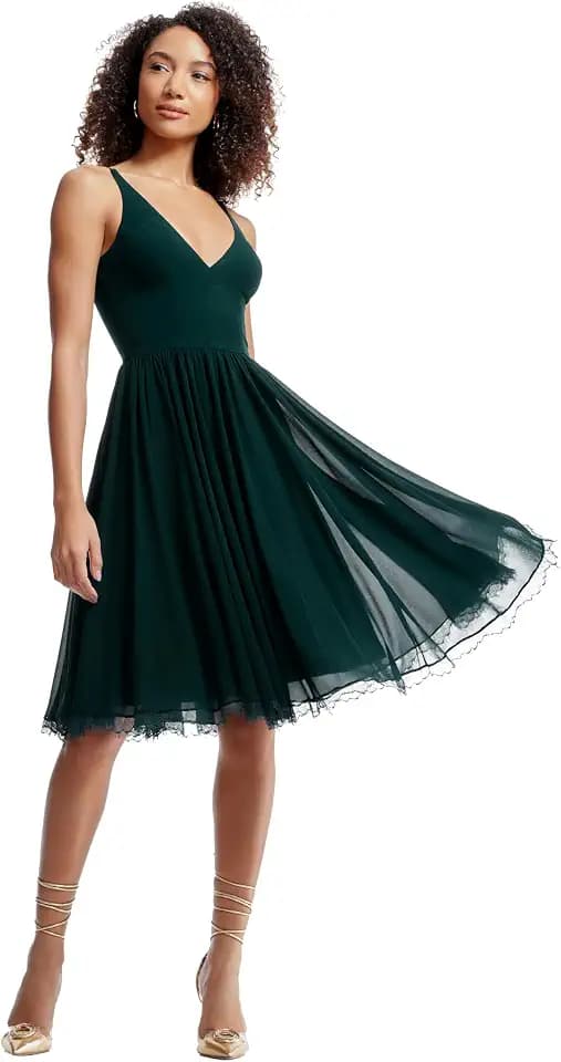 Dress the Population Women's Alicia Plunging Mix Media Sleeveless Fit and Flare Midi Dress