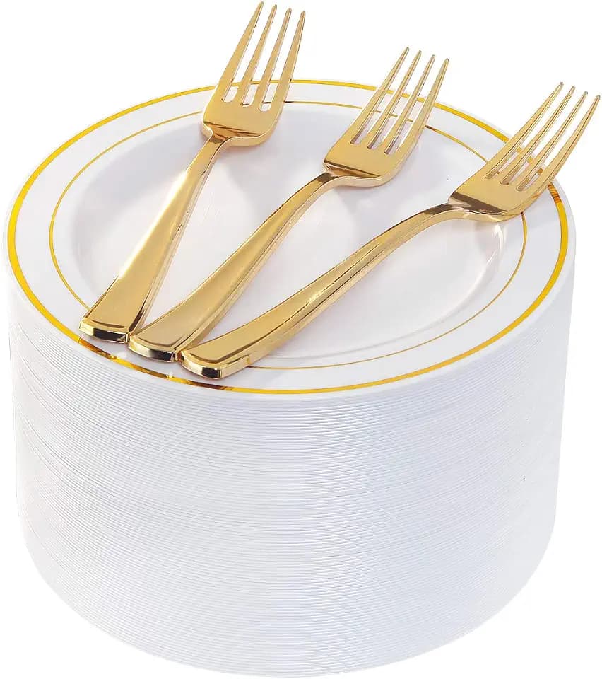 I00000 144Pcs 7.5" Gold Plastic Dessert Plates with Gold Forks for Wedding