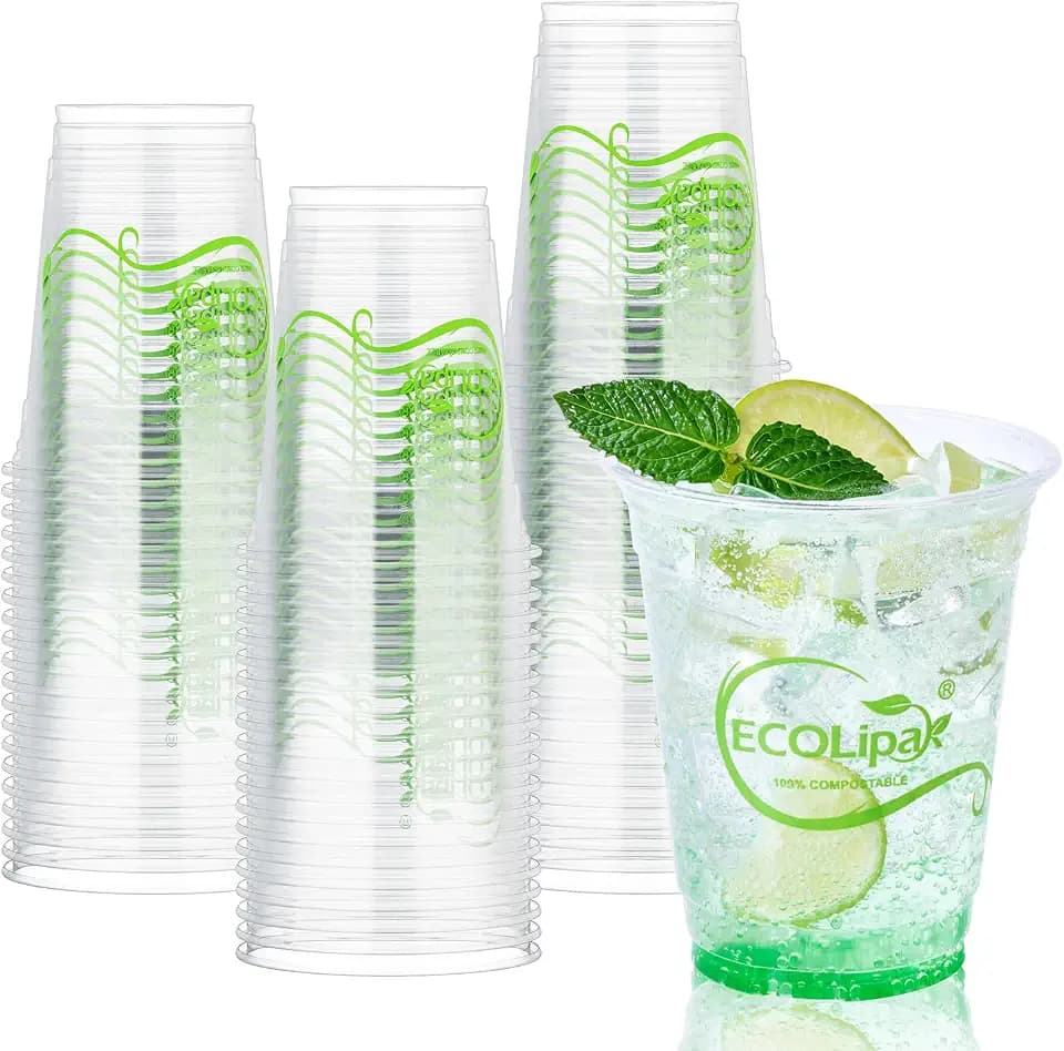 ECOLipak 100 Count 12oz Clear Disposable Compostable Plastic Cups for Party
