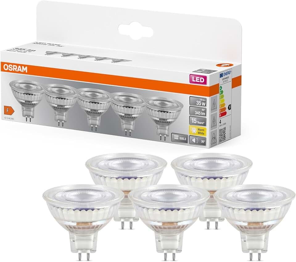 Osram LED BASE MR16, Vorteilspack mit 5 Niedervolt Leuchtmittel, ersetzt herkömmliche 35W Reflektor Glühbirnen, warmweiß (2700K), 3.8W, GU5.3 Sockel, mattes Glas, nicht dimmbar