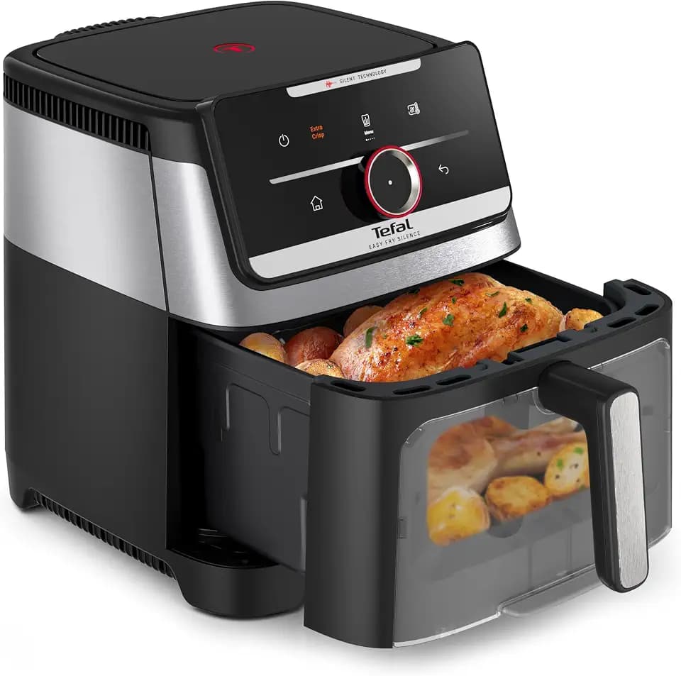 Tefal Easy Fry Silence Heißluftfritteuse, 7 L Fassungsvermögen, Silent-Technologie, Smart Assist System, bis zu 8 Portionen, abnehmbare Front mit Sichtfenster, Schwarz, EY876DE0