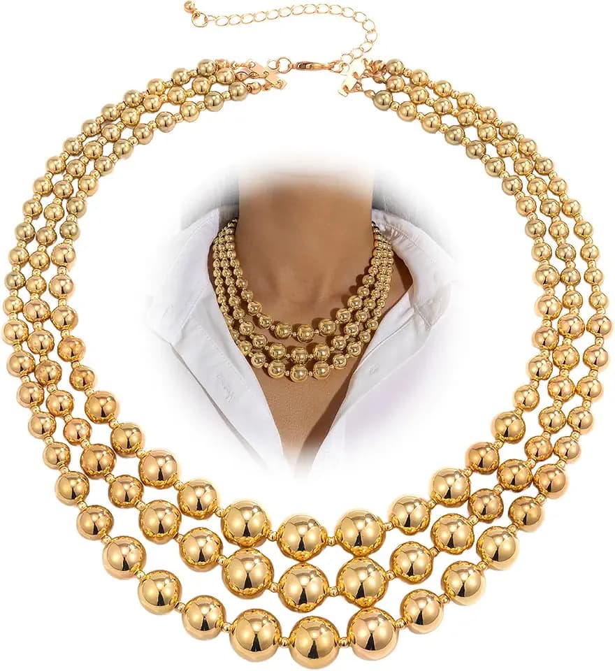 Chunky Gold Beaded Statement Necklace for Women Trendy Thick Big Silver Fake Pearls Beads Chain Layered Charm Choker Necklace Stack Fashion Prom Jewelry
