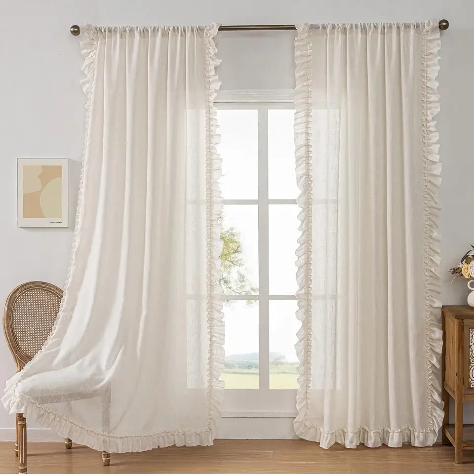 Natural Linen Curtains with Ruffled Edges Farmhouse 58 x 108 Inch 2 Panels
