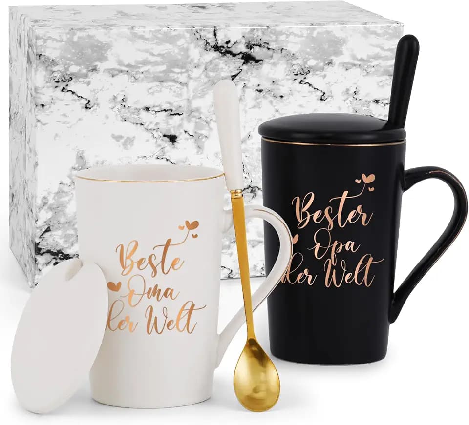Joymaking Kaffeetasse Geschenk Set für die Beste Oma & Opa der Welt zum Muttertag Vatertag Weihnachten, Personalisierte Geschenkidee für Großeltern, Schwarz und Weiß 400ml