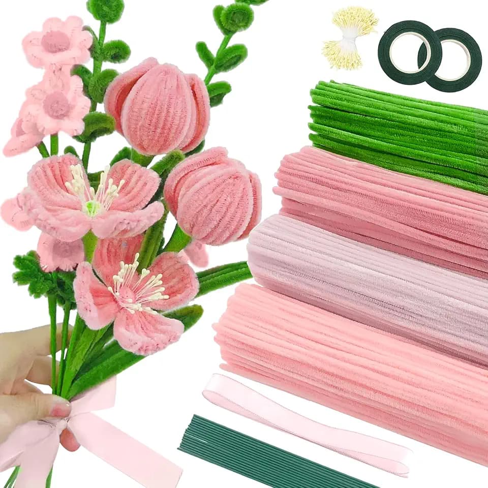 400 Tulpenstrauß für Pfeifenreiniger Set, DIY Blumenstrauß Pfeifenreiniger, 4 Farben (Hellrosa, Dunkelrosa, Lila, Grün), Inklusive 24 Grüne Blumenstiele, Blütenmitten, Band, Klebeband