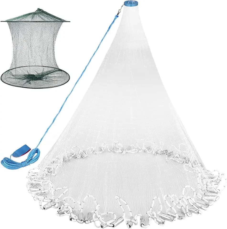 Neween Cast Net for Fishing with Shrimp Cage, American Freshwater Saltwater 3/4/5/6/7/8/9/10Ft Radius Casting Net Bait Trap Fish, Heavy Duty Zinc Sinker, 3/8 Inch Mesh Size