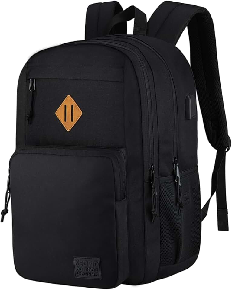 KEOFID Travel backpack for Men and Women, Anti Theft Laptop Backpack with USB Charging Port for Work, Large Bag for College, Carry-on Backpack with Luggage Strap, Water Resistent(Black)