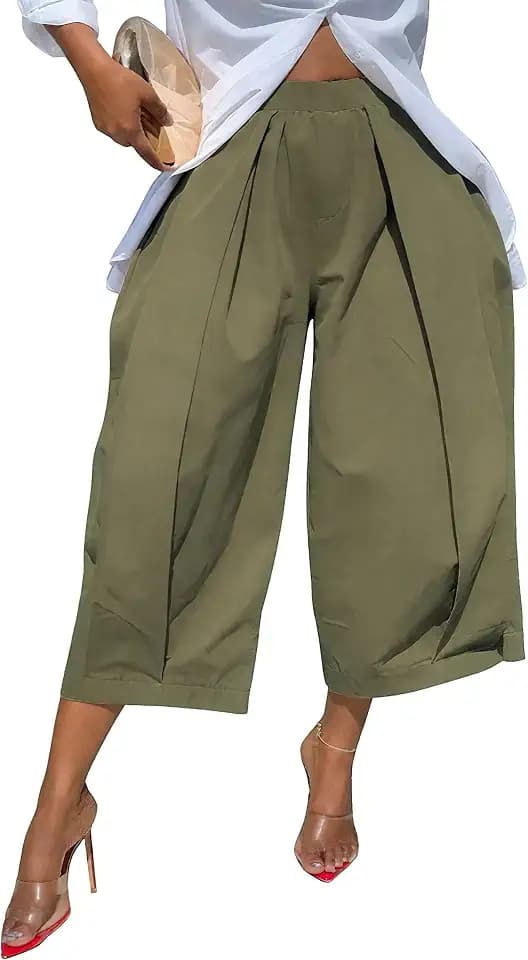 oshoplive Womens High Waisted Wide Leg Cropped Pants Loose Fit Ankle Palazzo Trousers for Women with Pockets Casual