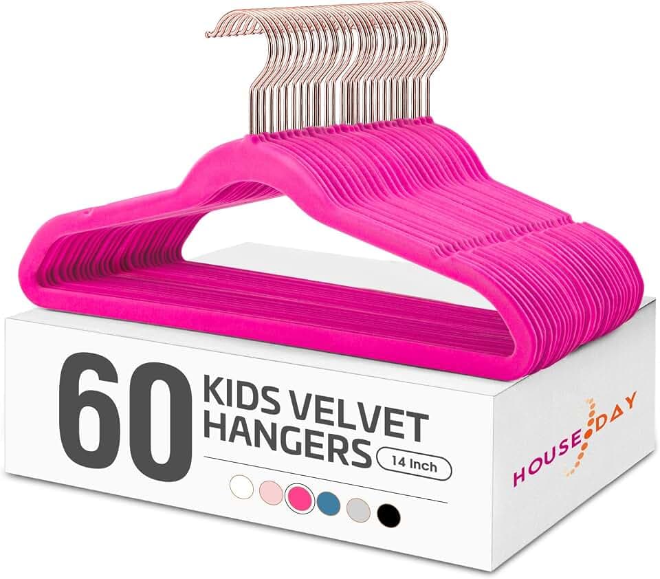 HOUSE DAY Samt-Kleiderbügel, 60 Stück, Premium-Kinder-Kleiderbügel für Schrank, ultradünn, niedlich, rutschfest, kleiner Filz-Kleiderbügel, 35,6 cm, für Kinderkleidung, Hot Pink
