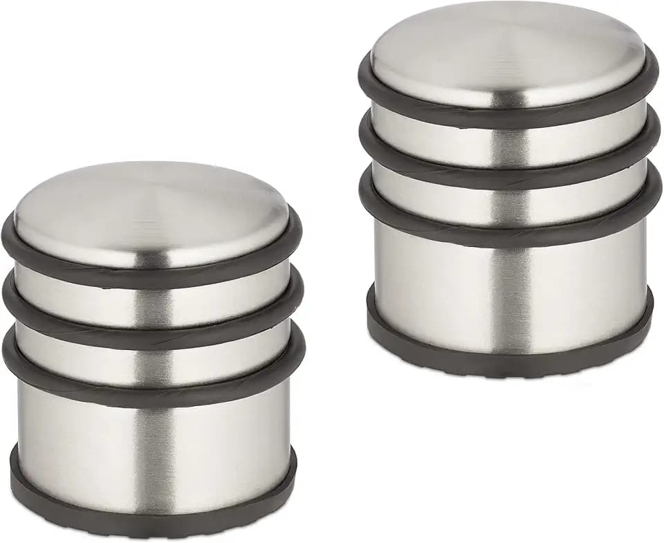 Relaxdays Türstopper Edelstahl, 2er Set, HxD: 7,5 x 7 cm, hoch & schwer, rutschfest, Türzuschlagbremse, Silber/schwarz