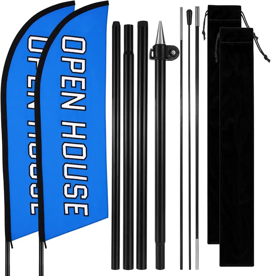 2 Pcs Open House Flags for Real Estate Reusable Feather Flags with Pole Kit Banner Open House Signs for Real Estate (Blue)