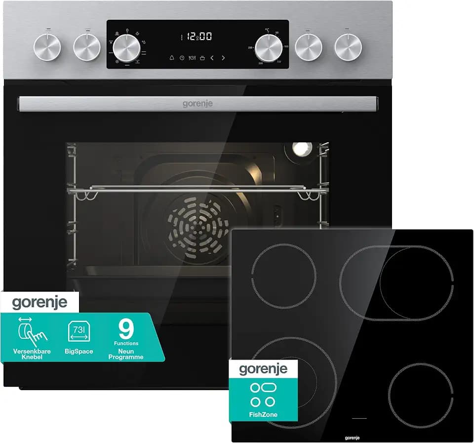 Gorenje Einbau-Herd-Set Inox Air Set mit Glaskeramik-Kochfeld, Heißluft, 73L, 250° max. Ofentemperatur, MultiAir Technologie, 9 Funktionen, Bräterzone, Mininmale Einbaunische (HxBxT): 60x56x58 cm