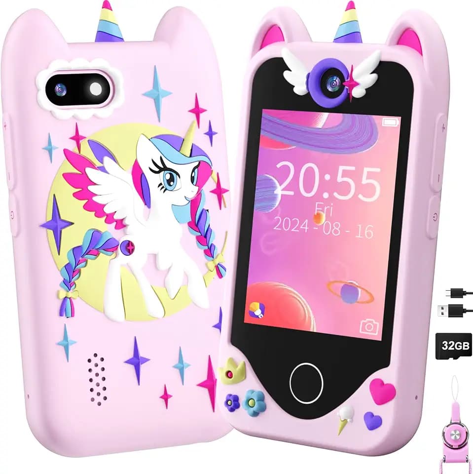 Yosfeng Kids Smart Phone Toy for Girls Ages 3-8, Touchscreen Toy Phone with Dual Cameras, Learning Games, Music Player, 32GB Card Birthday Gift for Kids