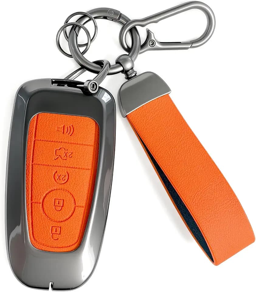 5 Buttons Metal & Leather Key Fob Cover, Compatible with Ford Fusion Escape Expedition Explorer Edge F150 F250 F350, Zinc Alloy Key Case Shell (Orange)