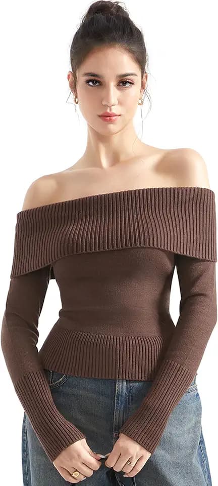 SUUKSESS Women Off Shoulder Sweaters Long Sleeve Ribbed Knit Fall Tops