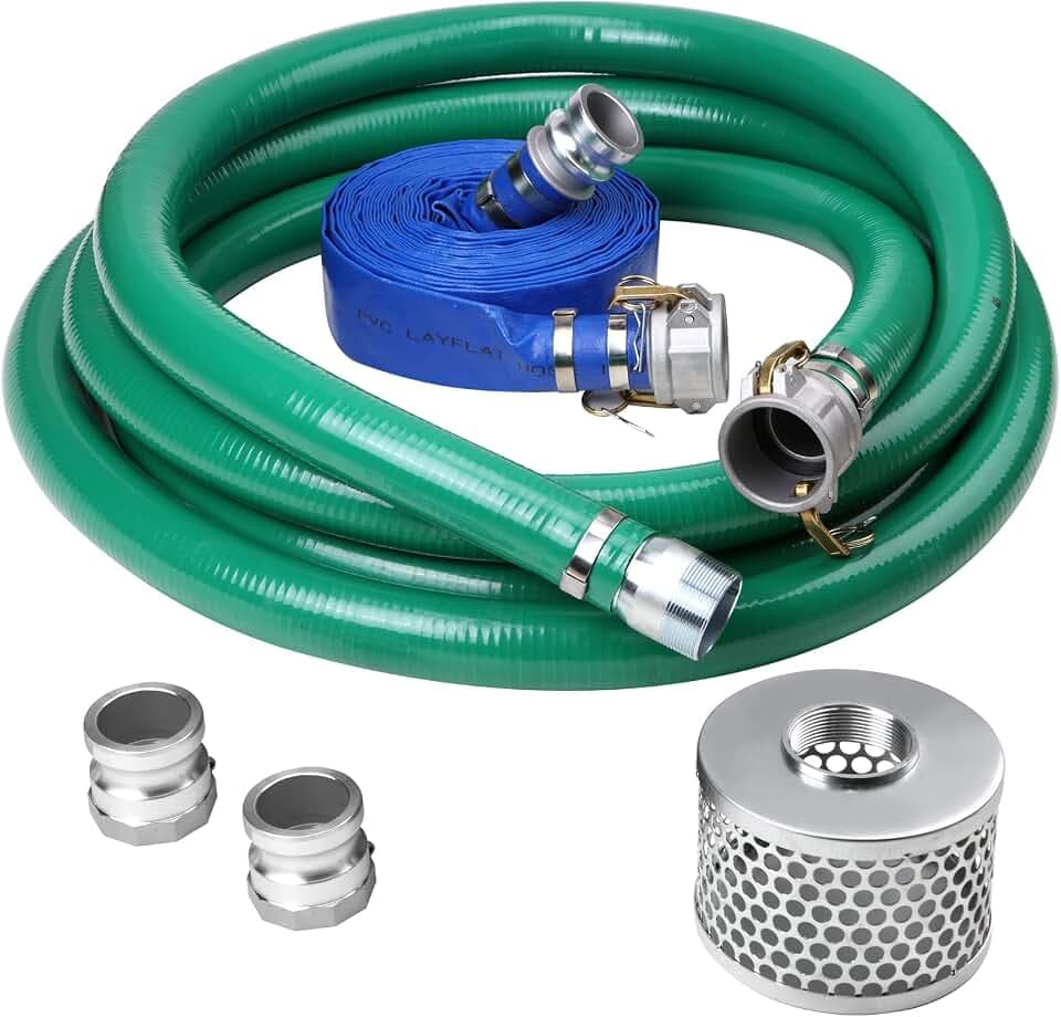 Discharge Hose Pump Kit Includes 2" x 50' Blue PVCBackwash Hose & 2"×20' Green PVC Suction Hose,With aluminum cam lock fitting, round hole suction cup filter and groove adapter