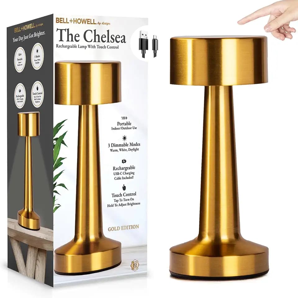 Bell+Howell Elegant Cordless Table Lamp, LED Wireless Lamp for Bedroom, Wireless Lamps for Tables Cordless Table Lamps, Rechargeable Lamp for Desk, Kitchen, Bedroom & More with 3 Light Colors - Gold