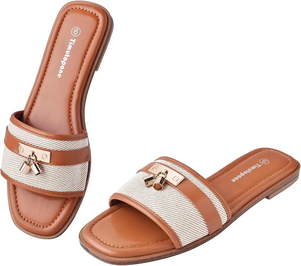 Dressy Flat Sandals for Women Elegant Summer Comfortable Slides Sandal 2026 Trendy Fashion Square Open Toe Slip On Slippers Wide width Size 6-11