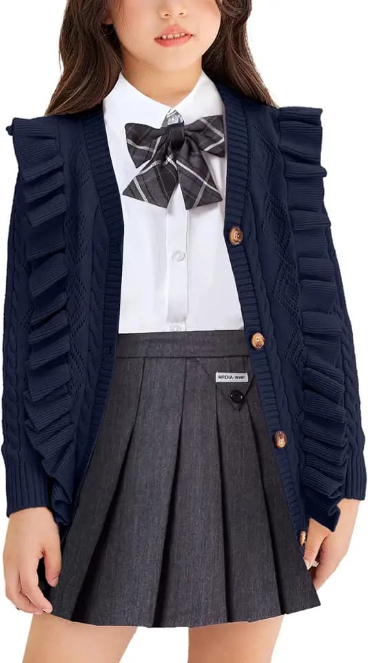 Arshiner Girls Cardigan Sweaters Ruffle School Uniform Sweater V Neck Button Front Outerwear 4-13 Years