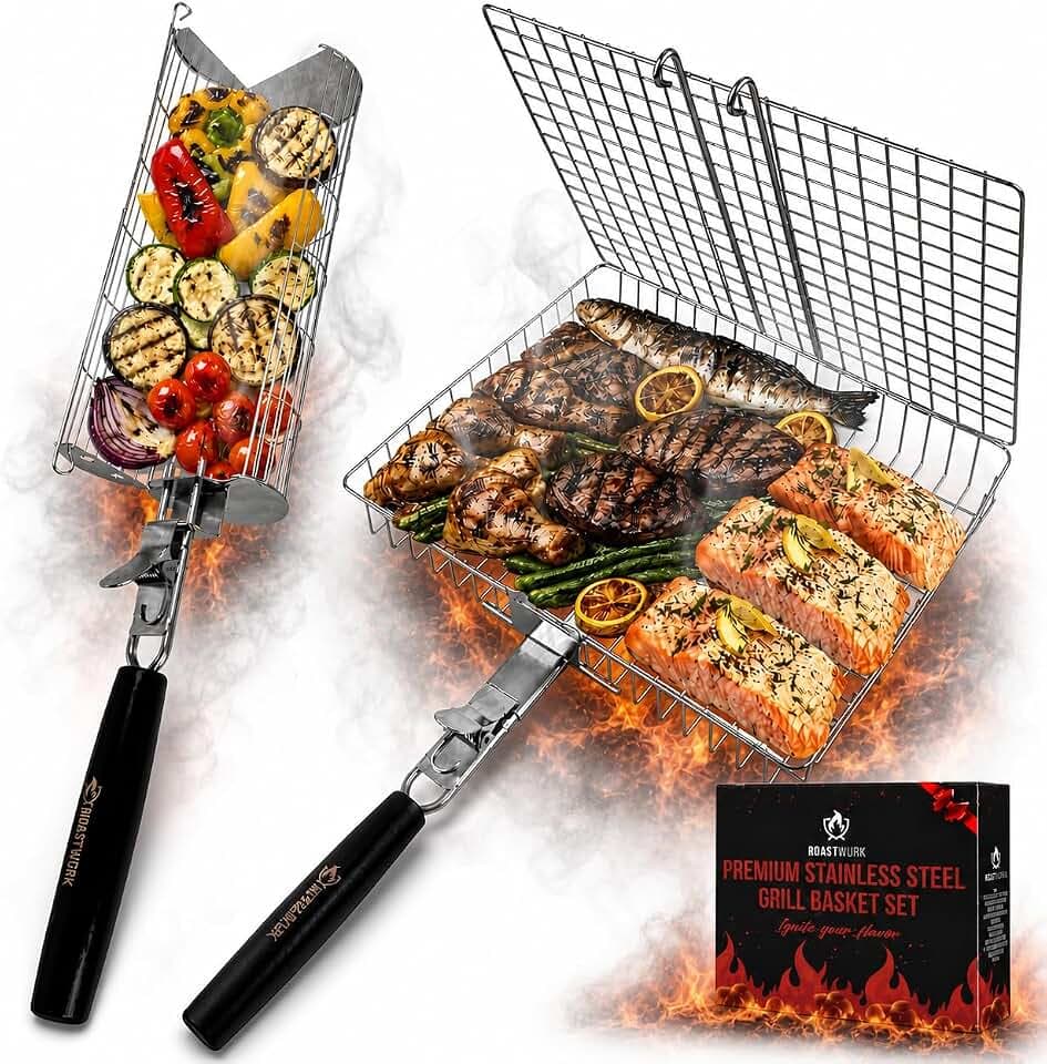 Bbq Grill Basket Set For Meat Fish Vegetables Stainless Steel 304 Barbecue Bbq Grilling Accessories Gifts For Men, Removable Wooden Handle Tool Shrimp Outdoor Cooking Camping Tailgating